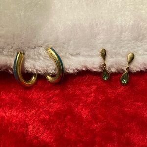 2/$12 Avon Gold and Green Earrings Set with Unmarked Teal/Blue Hoop Set